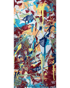 Vertical abstract painting with deep red, turquoise, peach, yellow, and white layered marks.