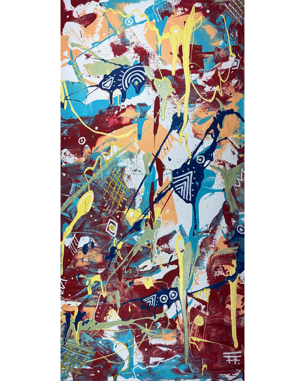 Vertical abstract painting with deep red, turquoise, peach, yellow, and white layered marks.