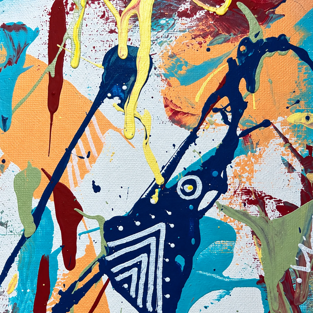 Close-up of Seaside Mantra showing dark graphic shapes, white geometric marks, and yellow drips over peach and turquoise paint.
