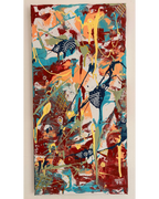 Vertical abstract painting with deep red, turquoise, peach, yellow, and white layered marks, photographed against a light wall.