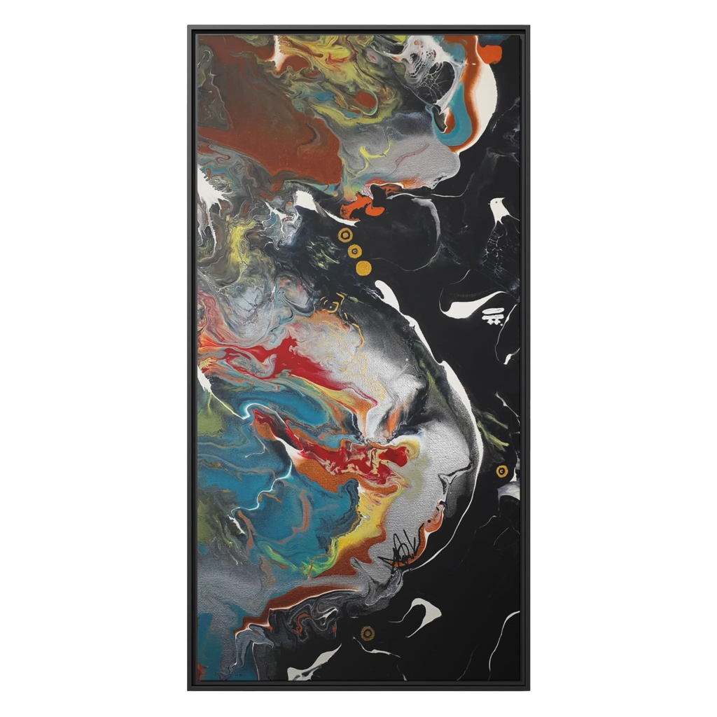 A front preview of the "Silver Bird" 30x60 FREEBRD contemporary abstract wall art canvas with a 1.25 inch thickness showing paint texture colors of black, gold, silver, a shade of yellow similar to Zara, blue and red earth tones with a black certified wood frame encasing.
 