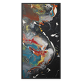A front preview of the "Silver Bird" 30x60 FREEBRD contemporary abstract wall art canvas with a 1.25 inch thickness showing paint texture colors of black, gold, silver, a shade of yellow similar to Zara, blue and red earth tones with a black certified wood frame encasing.
 