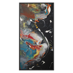A front preview of the "Silver Bird" 30x60 FREEBRD contemporary abstract wall art canvas with a 1.25 inch thickness showing paint texture colors of black, gold, silver, a shade of yellow similar to Zara, blue and red earth tones with a black certified wood frame encasing.
 