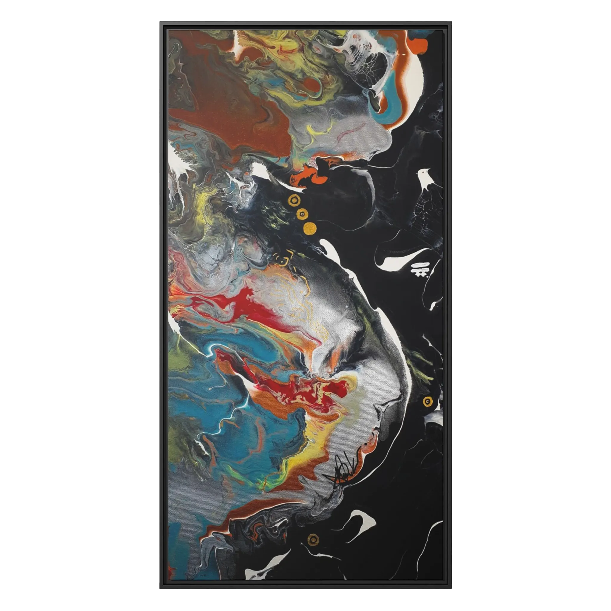 A front preview of the "Silver Bird" 30x60 FREEBRD contemporary abstract wall art canvas with a 1.25 inch thickness showing paint texture colors of black, gold, silver, a shade of yellow similar to Zara, blue and red earth tones with a black certified wood frame encasing.
 
