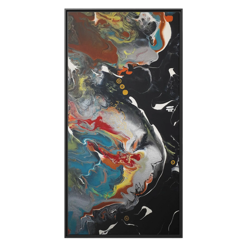 A front preview of the "Silver Bird" 30x60 FREEBRD contemporary abstract wall art canvas with a 1.25 inch thickness showing paint texture colors of black, gold, silver, a shade of yellow similar to Zara, blue and red earth tones with a black certified wood frame encasing.
 