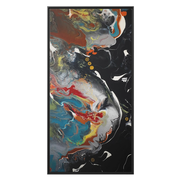 A front preview of the "Silver Bird" 30x60 FREEBRD contemporary abstract wall art canvas with a 1.25 inch thickness showing paint texture colors of black, gold, silver, a shade of yellow similar to Zara, blue and red earth tones with a black certified wood frame encasing.