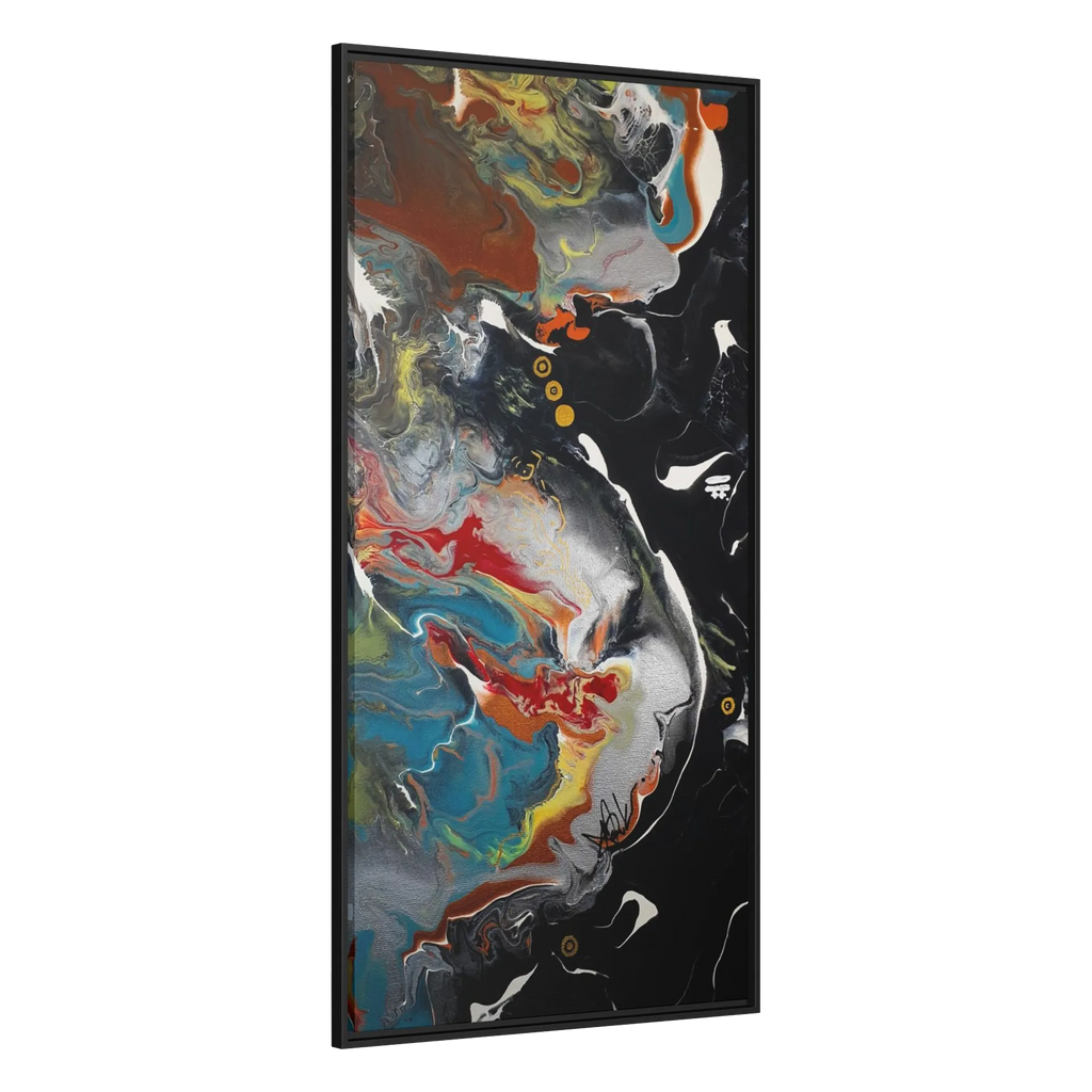 A side preview of the "Silver Bird" 30x60 FREEBRD contemporary abstract wall art canvas with a 1.25 inch thickness showing paint texture colors of black, gold, silver, a shade of yellow similar to Zara, blue and red earth tones with a black certified wood frame encasing.