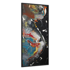 A side preview of the "Silver Bird" 30x60 FREEBRD contemporary abstract wall art canvas with a 1.25 inch thickness showing paint texture colors of black, gold, silver, a shade of yellow similar to Zara, blue and red earth tones with a black certified wood frame encasing.