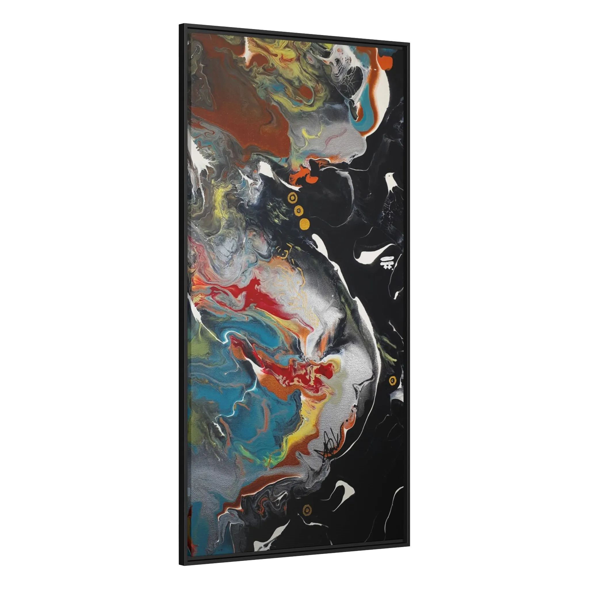 A side preview of the "Silver Bird" 30x60 FREEBRD contemporary abstract wall art canvas with a 1.25 inch thickness showing paint texture colors of black, gold, silver, a shade of yellow similar to Zara, blue and red earth tones with a black certified wood frame encasing.
