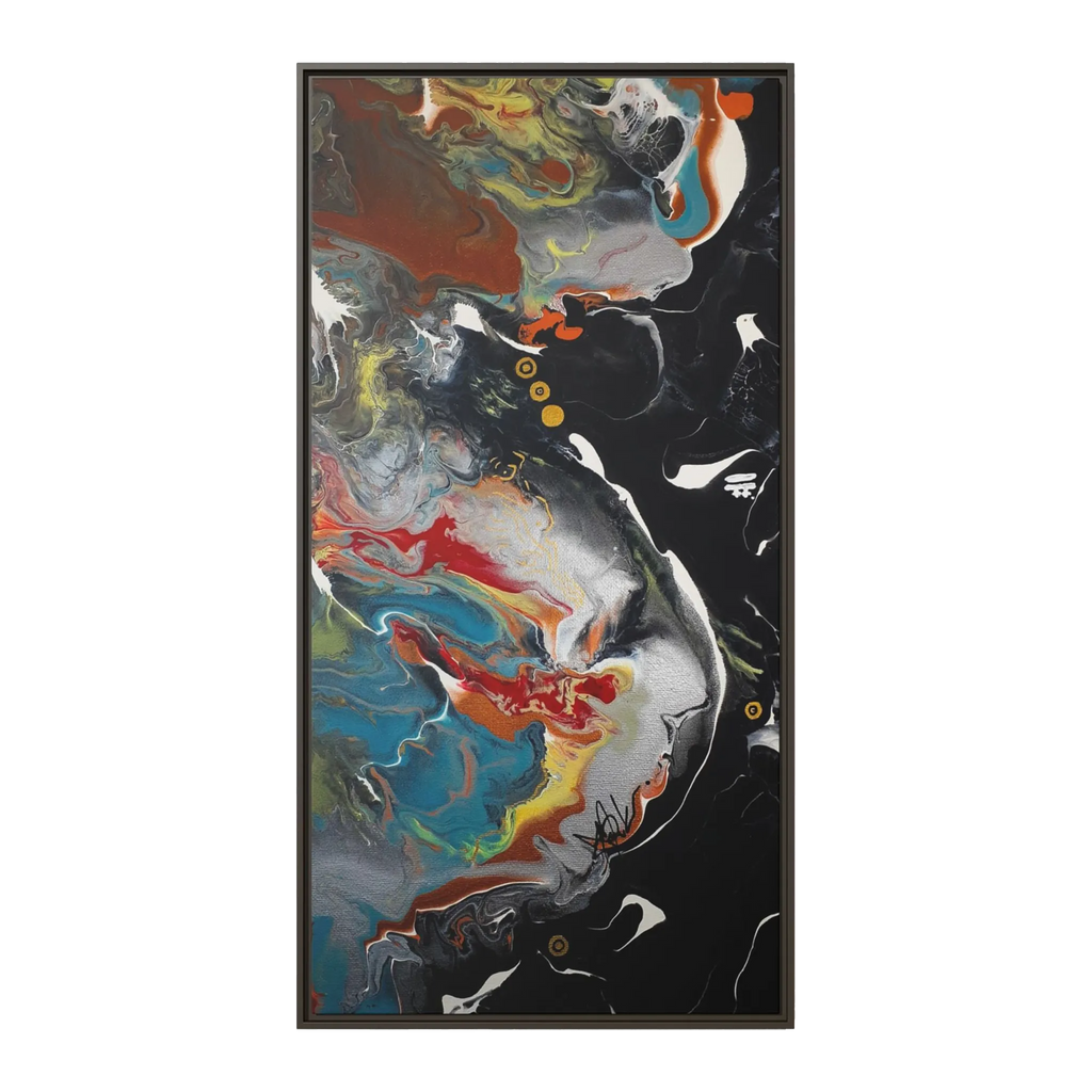 A front preview of the "Silver Bird" 30x60 FREEBRD contemporary abstract wall art canvas with a 1.25 inch thickness showing paint texture colors of black, gold, silver, a shade of yellow similar to Zara, blue and red earth tones with an espresso certified wood frame encasing.