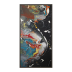 A front preview of the "Silver Bird" 30x60 FREEBRD contemporary abstract wall art canvas with a 1.25 inch thickness showing paint texture colors of black, gold, silver, a shade of yellow similar to Zara, blue and red earth tones with an espresso certified wood frame encasing.