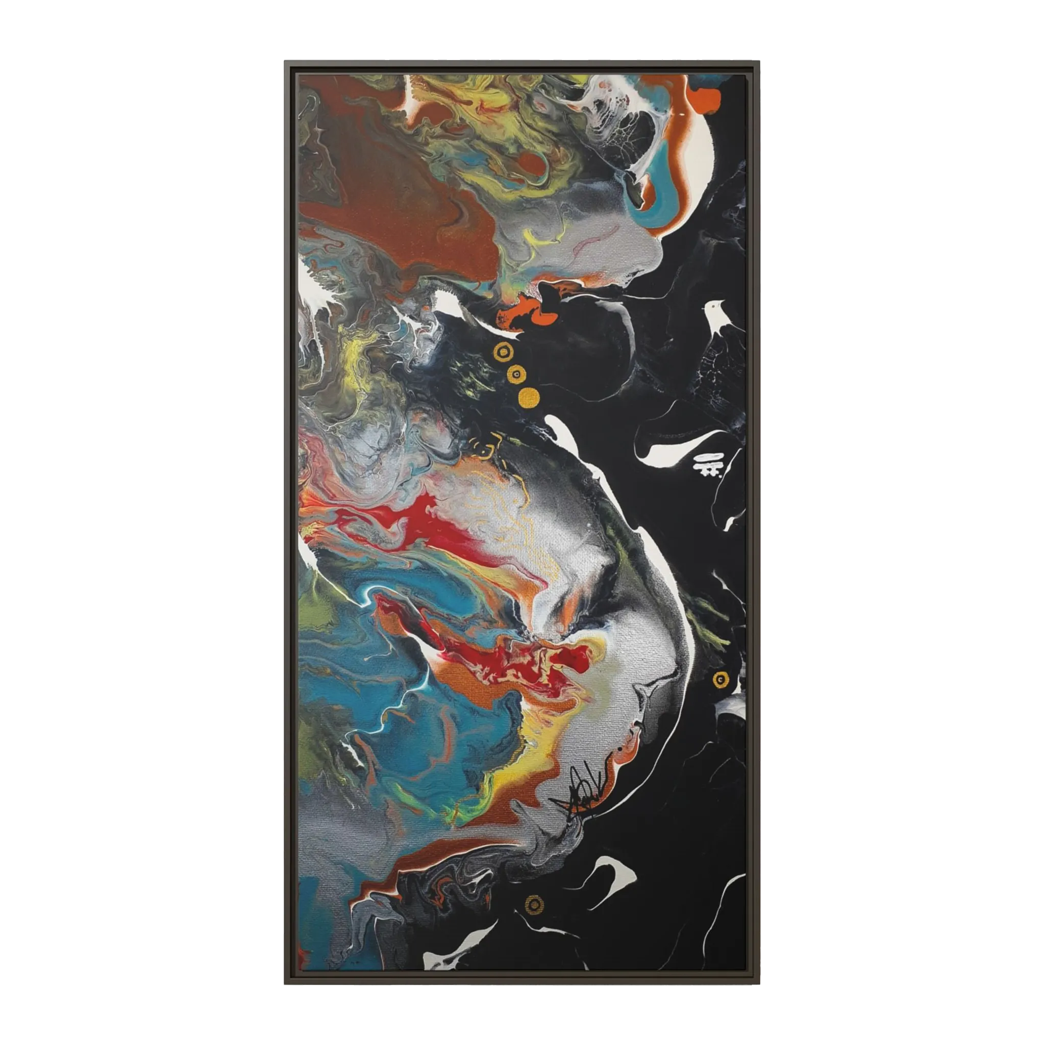 A front preview of the "Silver Bird" 30x60 FREEBRD contemporary abstract wall art canvas with a 1.25 inch thickness showing paint texture colors of black, gold, silver, a shade of yellow similar to Zara, blue and red earth tones with an espresso certified wood frame encasing.