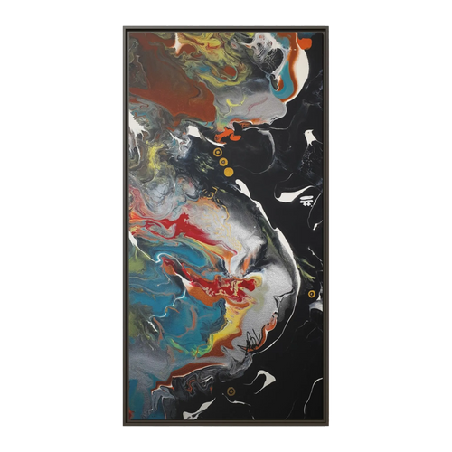 A front preview of the "Silver Bird" 30x60 FREEBRD contemporary abstract wall art canvas with a 1.25 inch thickness showing paint texture colors of black, gold, silver, a shade of yellow similar to Zara, blue and red earth tones with an espresso certified wood frame encasing.