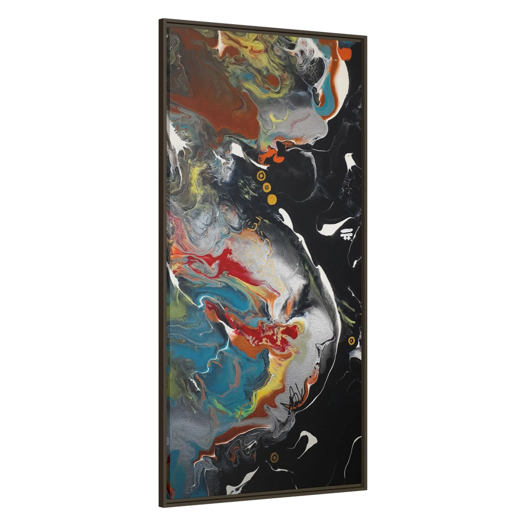 A side preview of the "Silver Bird" 30x60 FREEBRD contemporary abstract wall art canvas with a 1.25 inch thickness showing paint texture colors of black, gold, silver, a shade of yellow similar to Zara, blue and red earth tones with an espresso certified wood frame encasing.