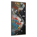 A side preview of the "Silver Bird" 30x60 FREEBRD contemporary abstract wall art canvas with a 1.25 inch thickness showing paint texture colors of black, gold, silver, a shade of yellow similar to Zara, blue and red earth tones with an espresso certified wood frame encasing.