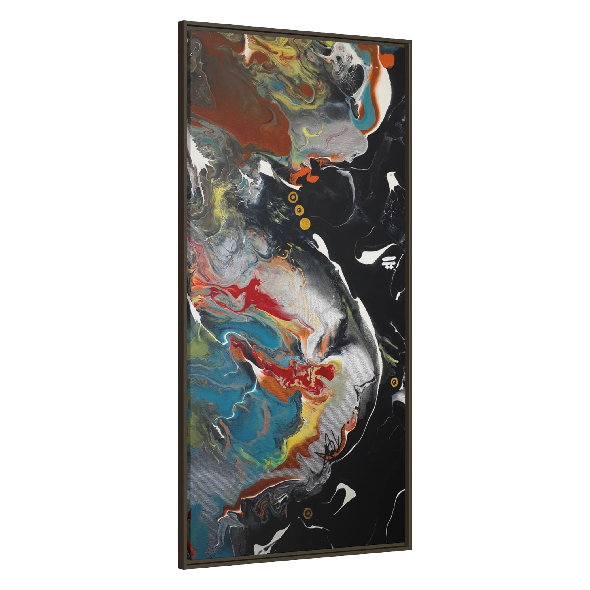 A side preview of the "Silver Bird" 30x60 FREEBRD contemporary abstract wall art canvas with a 1.25 inch thickness showing paint texture colors of black, gold, silver, a shade of yellow similar to Zara, blue and red earth tones with an espresso certified wood frame encasing.