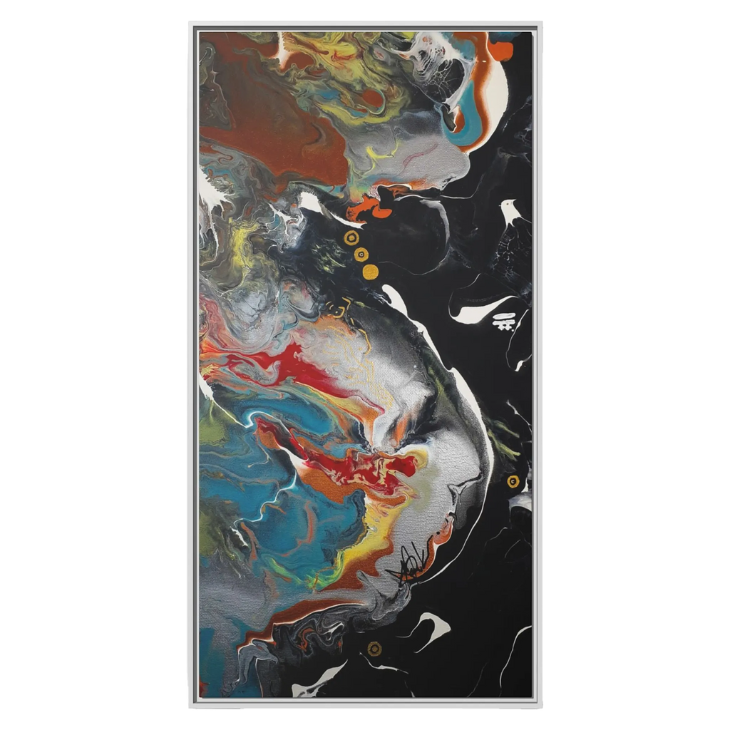 A front preview of the "Silver Bird" 30x60 FREEBRD contemporary abstract wall art canvas with a 1.25 inch thickness showing paint texture colors of black, gold, silver, a shade of yellow similar to Zara, blue and red earth tones with a white certified wood frame encasing.
