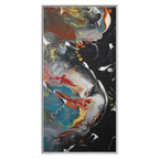 A front preview of the "Silver Bird" 30x60 FREEBRD contemporary abstract wall art canvas with a 1.25 inch thickness showing paint texture colors of black, gold, silver, a shade of yellow similar to Zara, blue and red earth tones with a white certified wood frame encasing.