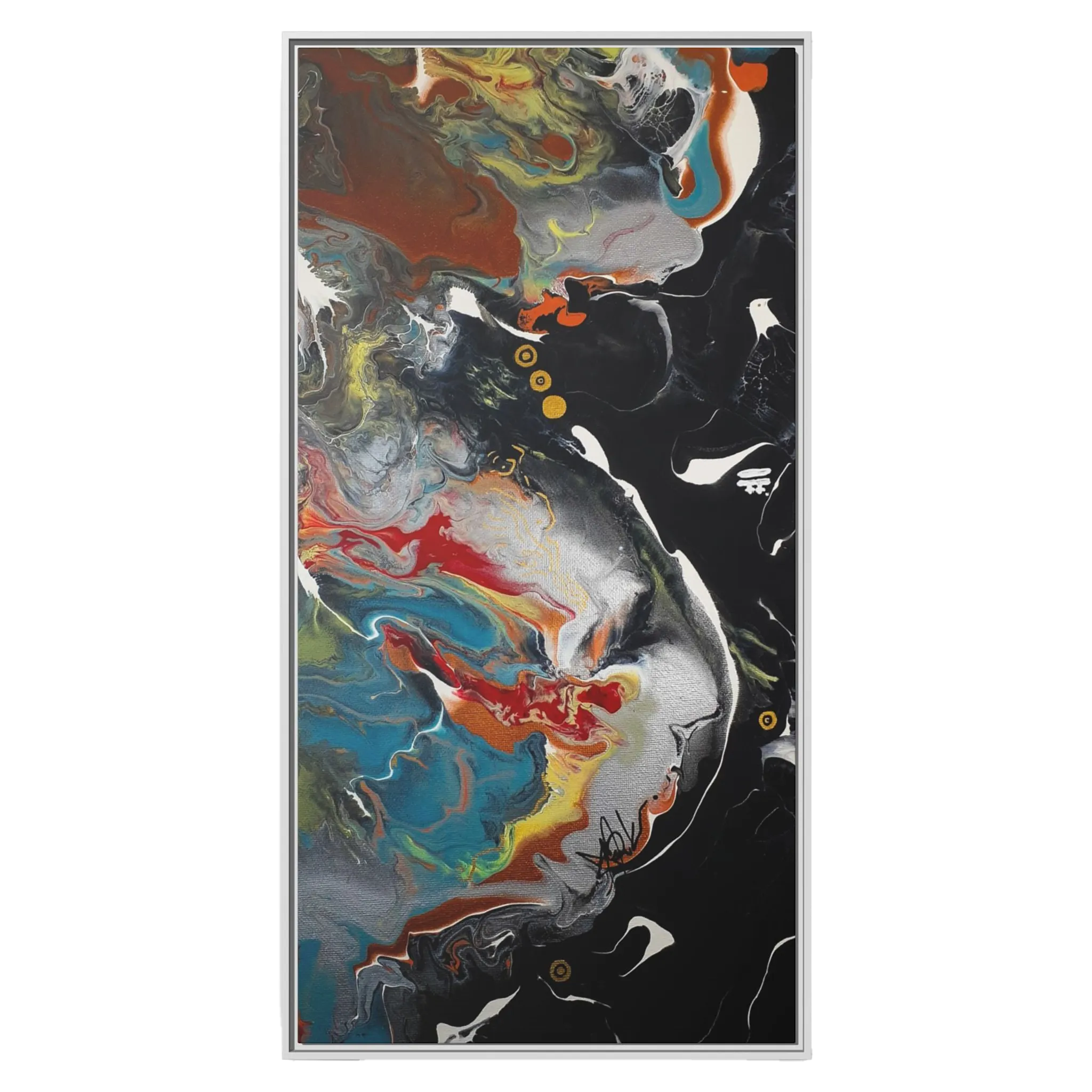 A front preview of the "Silver Bird" 30x60 FREEBRD contemporary abstract wall art canvas with a 1.25 inch thickness showing paint texture colors of black, gold, silver, a shade of yellow similar to Zara, blue and red earth tones with a white certified wood frame encasing.