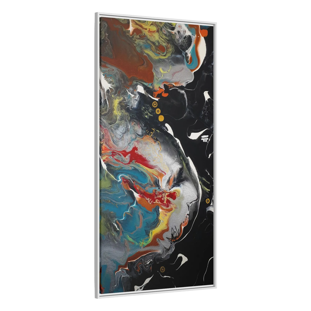 A side preview of the "Silver Bird" 30x60 FREEBRD contemporary abstract wall art canvas with a 1.25 inch thickness showing paint texture colors of black, gold, silver, a shade of yellow similar to Zara, blue and red earth tones with a white certified wood frame encasing.