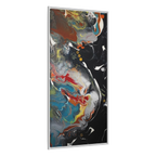 A side preview of the "Silver Bird" 30x60 FREEBRD contemporary abstract wall art canvas with a 1.25 inch thickness showing paint texture colors of black, gold, silver, a shade of yellow similar to Zara, blue and red earth tones with a white certified wood frame encasing.