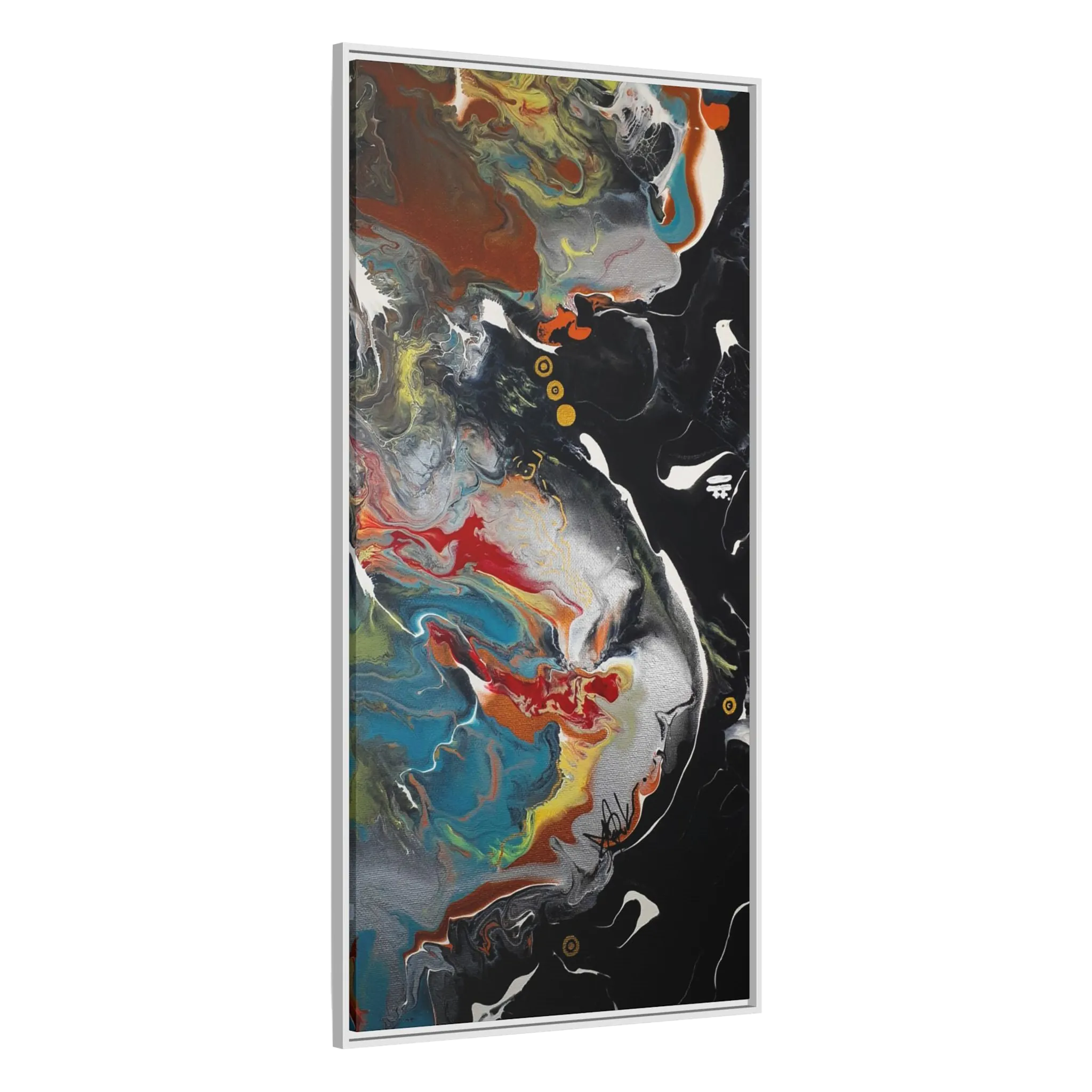 A side preview of the "Silver Bird" 30x60 FREEBRD contemporary abstract wall art canvas with a 1.25 inch thickness showing paint texture colors of black, gold, silver, a shade of yellow similar to Zara, blue and red earth tones with a white certified wood frame encasing.