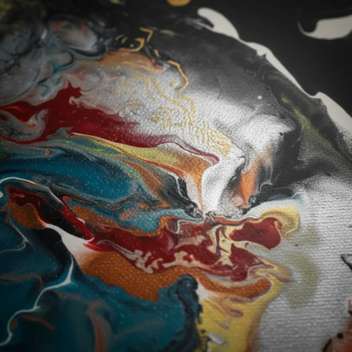 Close-up texture detail of "Silver Bird" framed abstract canvas by FREEBRD — fluid pour art in black, silver, red, teal, and gold on premium DTF canvas with archival matte finish.