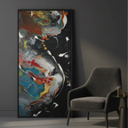 "Silver Bird" 30x60 vertical framed abstract canvas by Arkansas artist Jasmine Jackson leaning against a modern interior wall beside a contemporary sofa chair — size reference for large wall art decor.