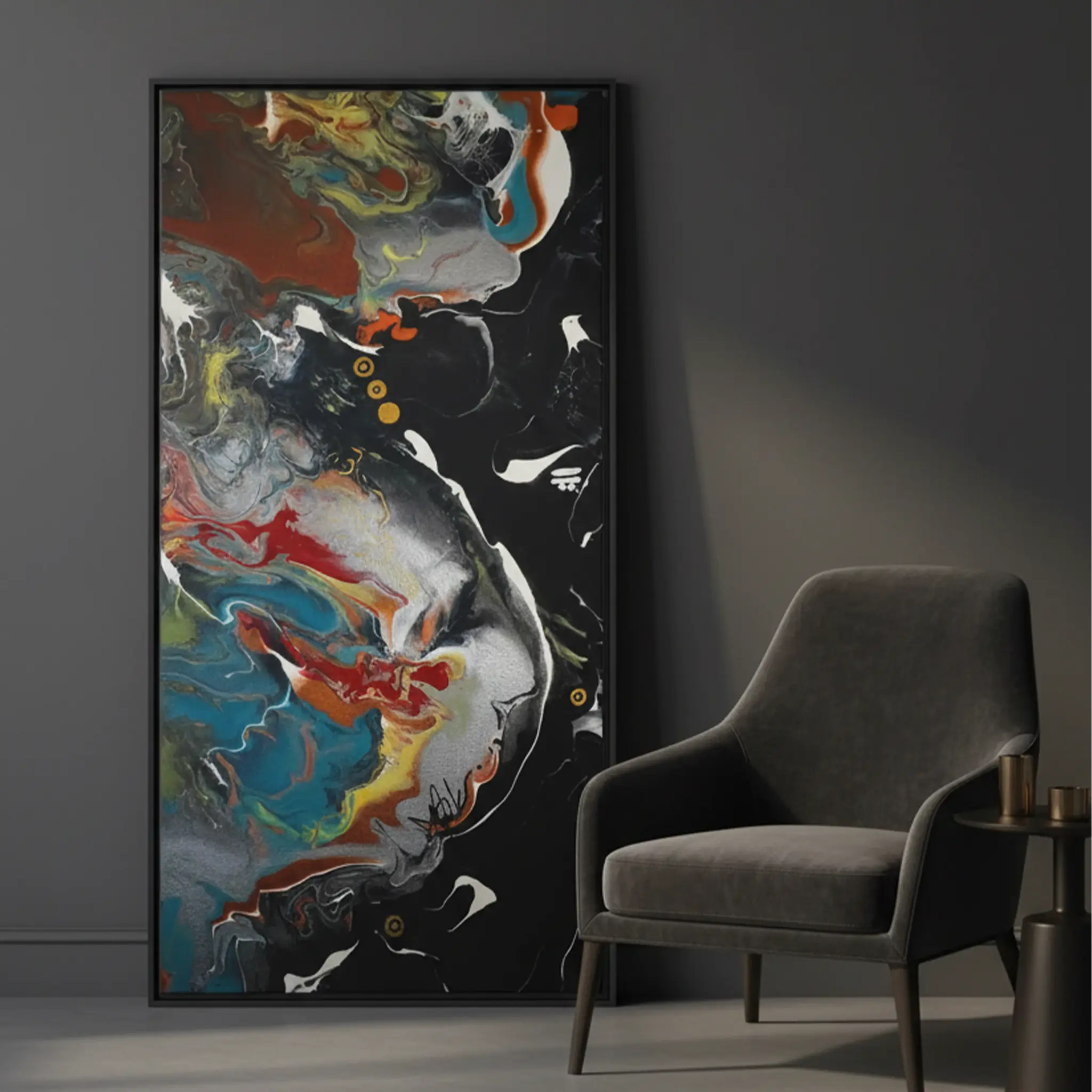 "Silver Bird" 30x60 vertical framed abstract canvas by Arkansas artist Jasmine Jackson leaning against a modern interior wall beside a contemporary sofa chair — size reference for large wall art decor.
