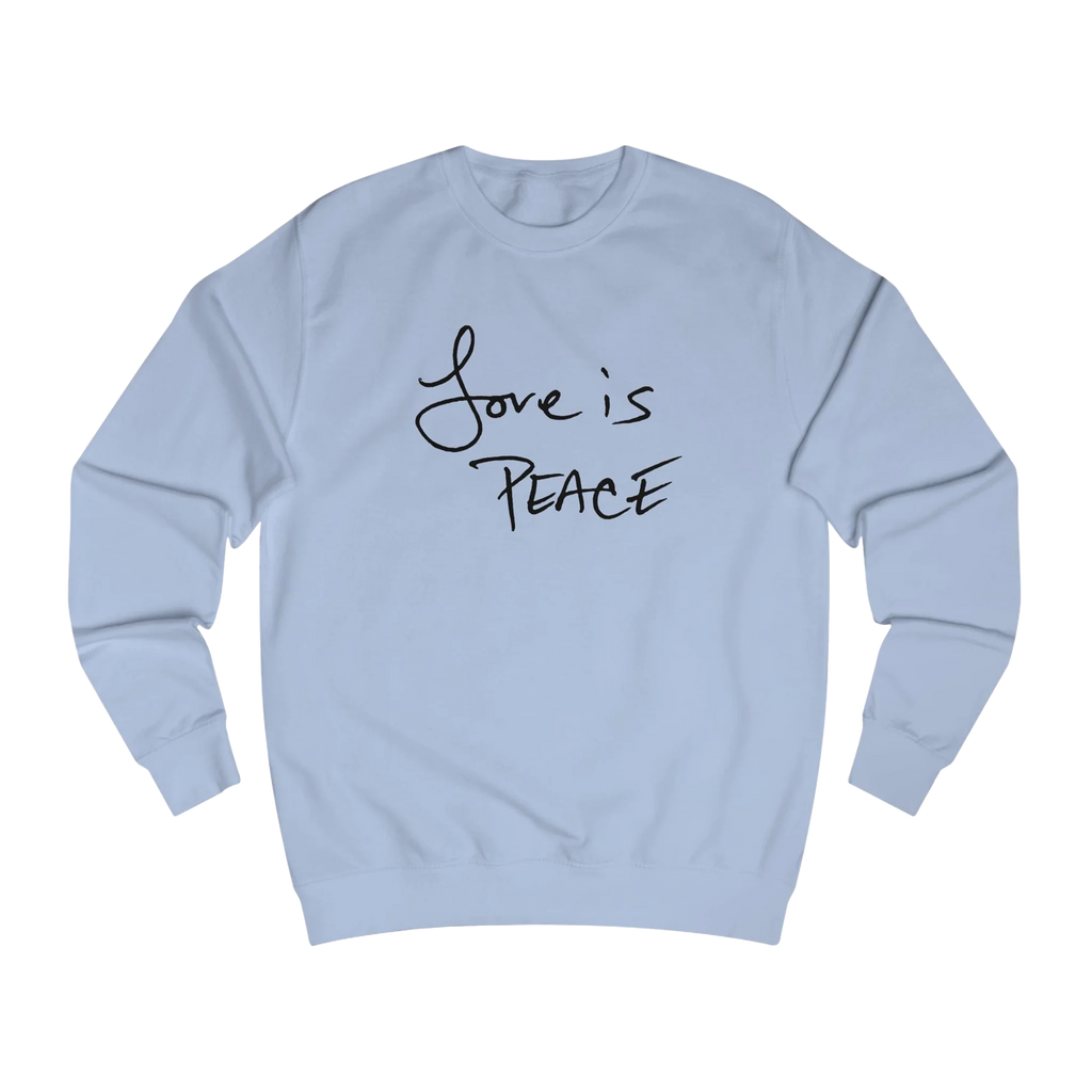 Sky Blue Love is Peace crewneck sweatshirt, handwritten Love is Peace graphic, crew neck, front view.