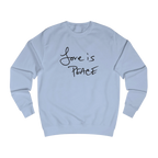 Sky Blue Love is Peace crewneck sweatshirt, handwritten Love is Peace graphic, crew neck, front view.