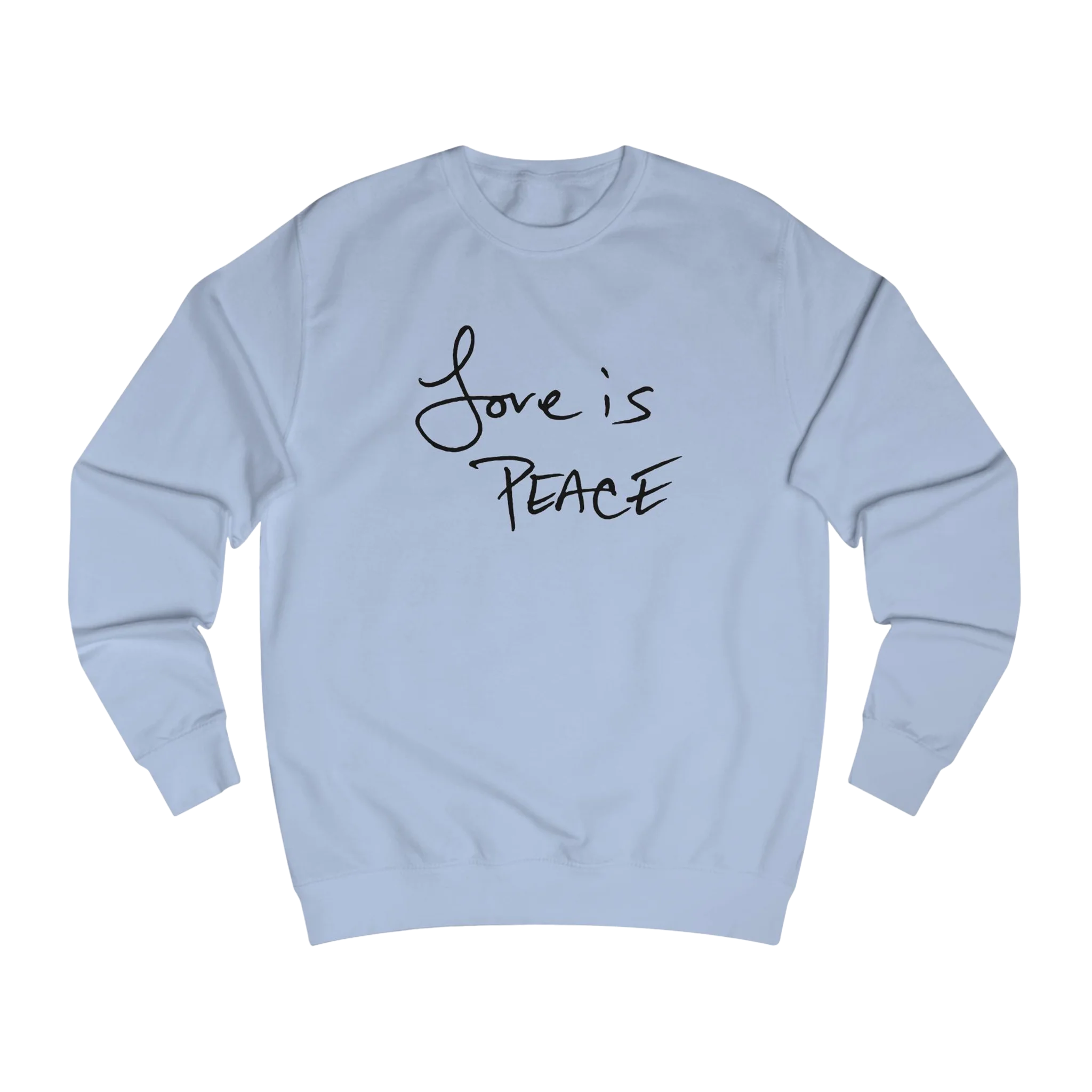 Sky Blue Love is Peace crewneck sweatshirt, black print, front view.