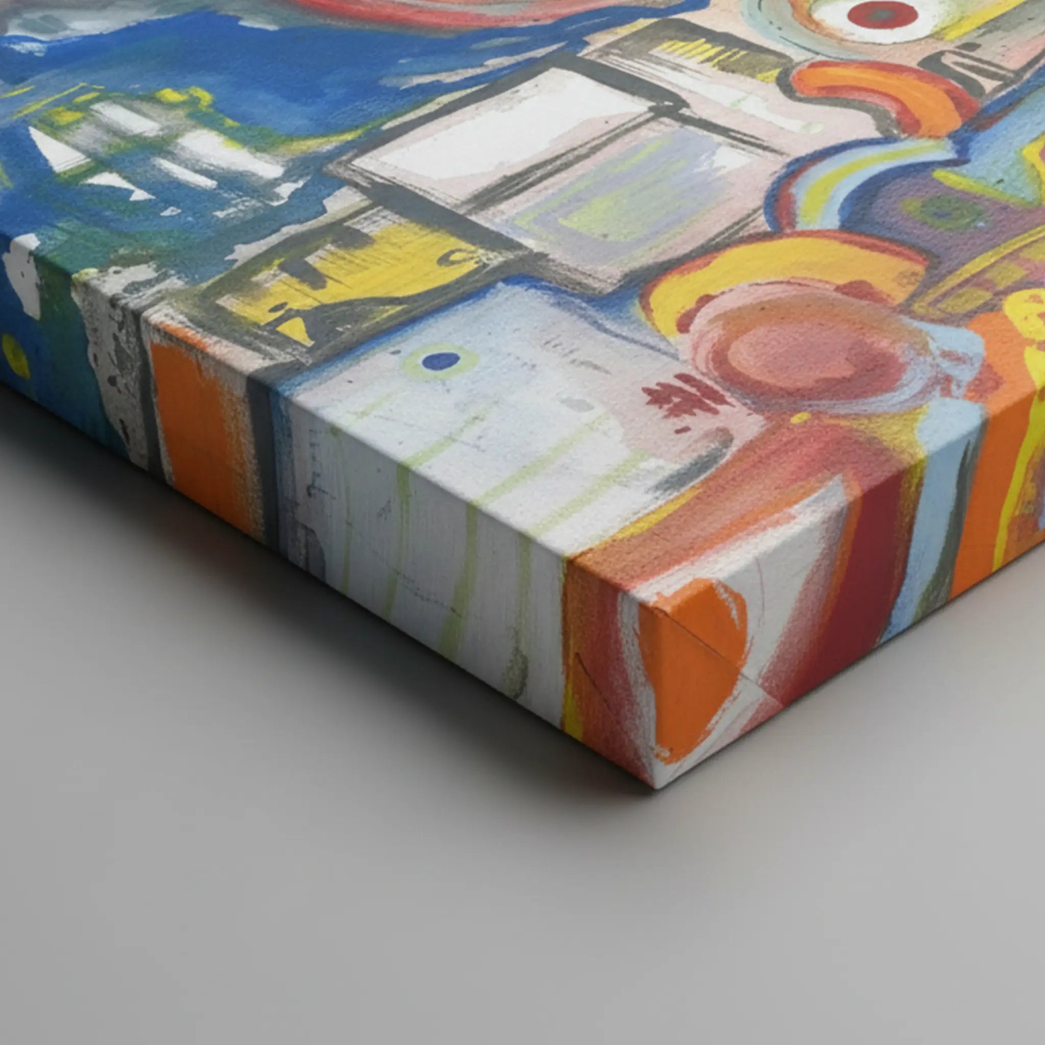 Side profile depth shot of Freebrd "Sky Man" unframed abstract canvas art, 36x48 vertical, showcasing 1.25" thick gallery-wrap canvas edge with vivid yellows, oranges, reds, cobalt blue, and green artwork wrap.