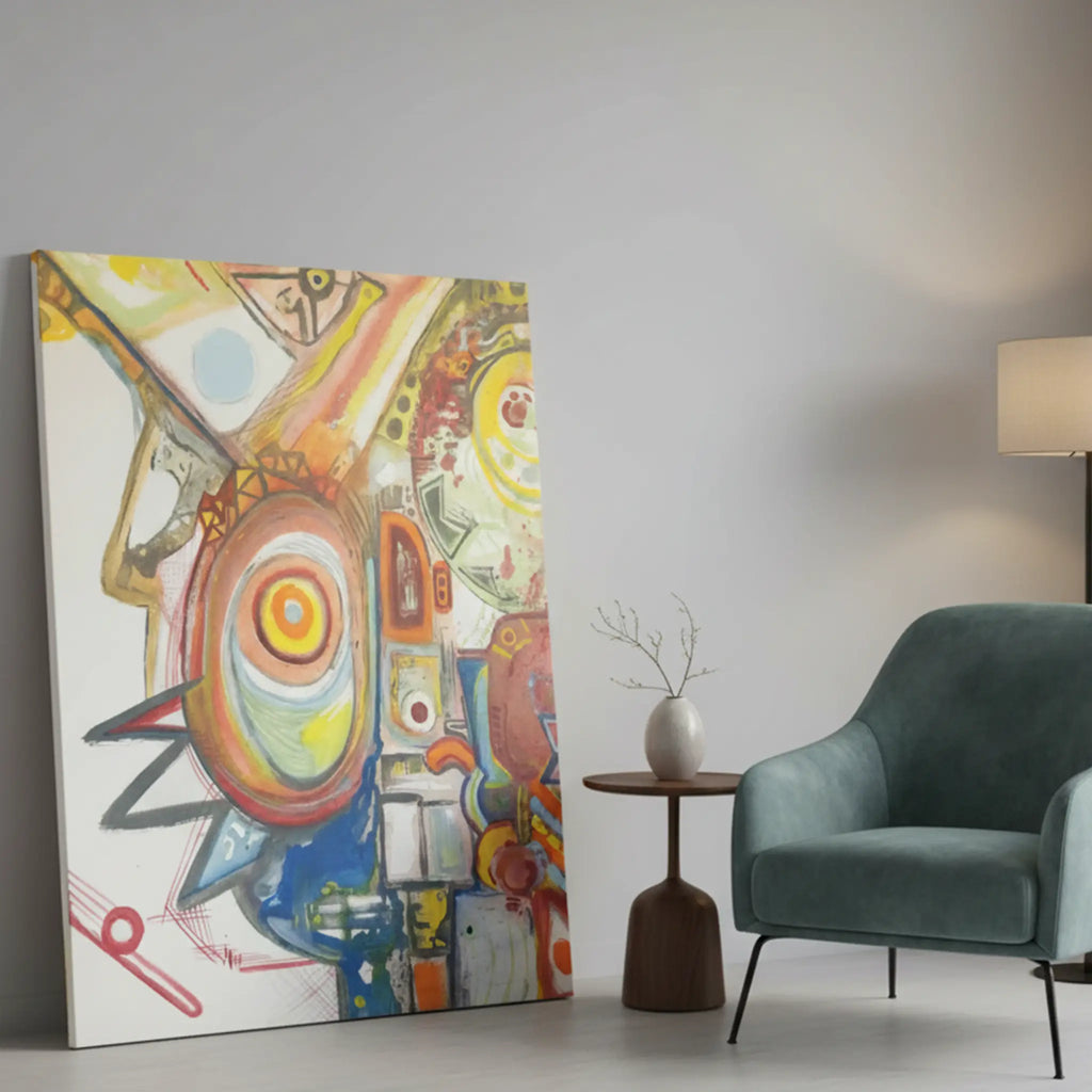 Freebrd "Sky Man" unframed abstract canvas art, 36x48 vertical, 1.25" thick, leaning against modern interior wall beside accent sofa chair — size reference featuring bold yellows, oranges, reds, cobalt blue, and green on white.