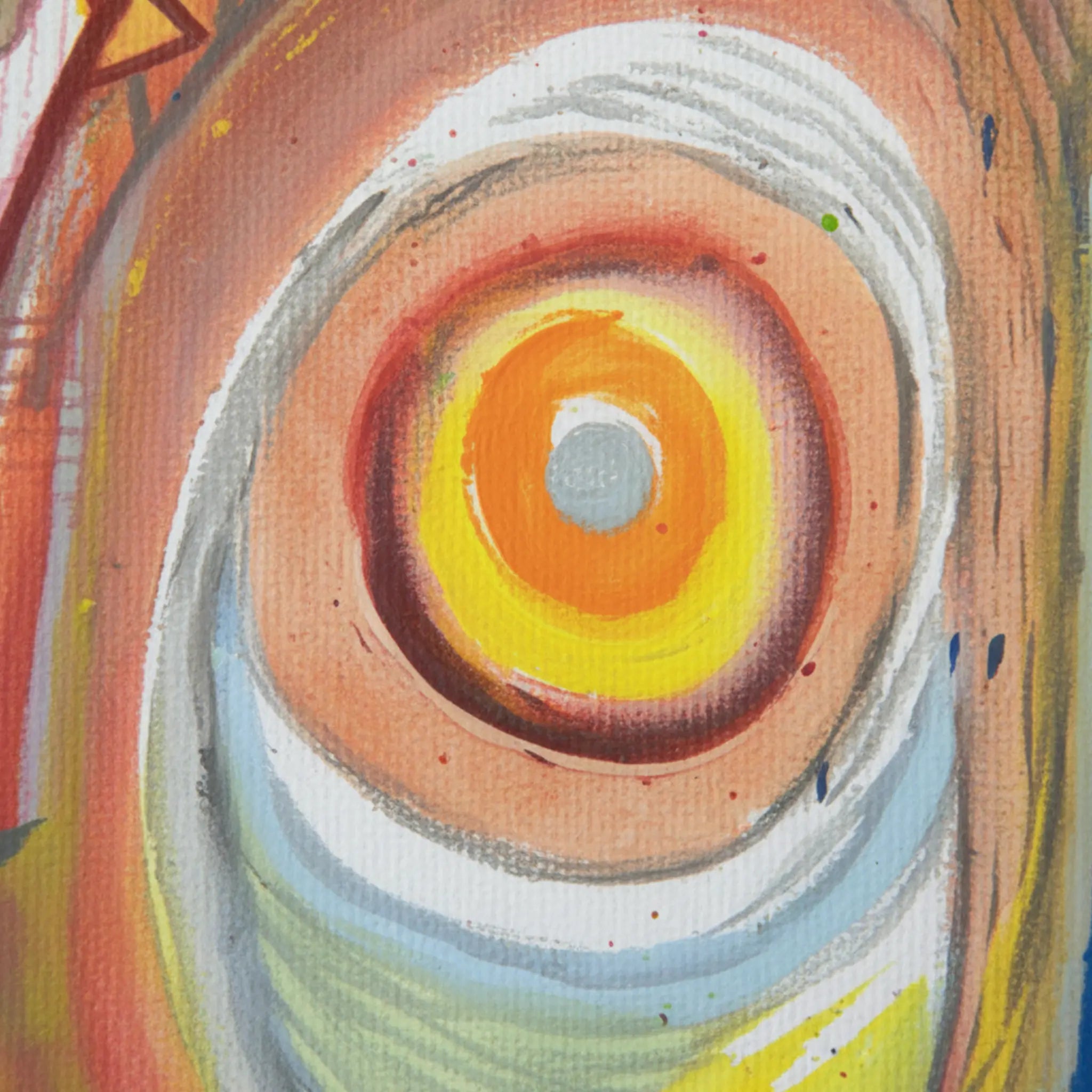 Close-up macro texture of Freebrd "Sky Man" unframed abstract canvas art, 36x48 vertical, 1.25" thick canvas, bold graphic abstract with concentric oval eye in orange and yellow, vivid reds, cobalt blue, green, and pink painterly detail.