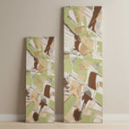 Freebrd "Slim Sage" unframed abstract canvas art size comparison — 12x36 vertical (3ft tall) and 20x60 vertical (5ft tall) leaning side by side against modern interior wall, white-wrapped edges, sage green, espresso, and jute tan palette knife scrapes.