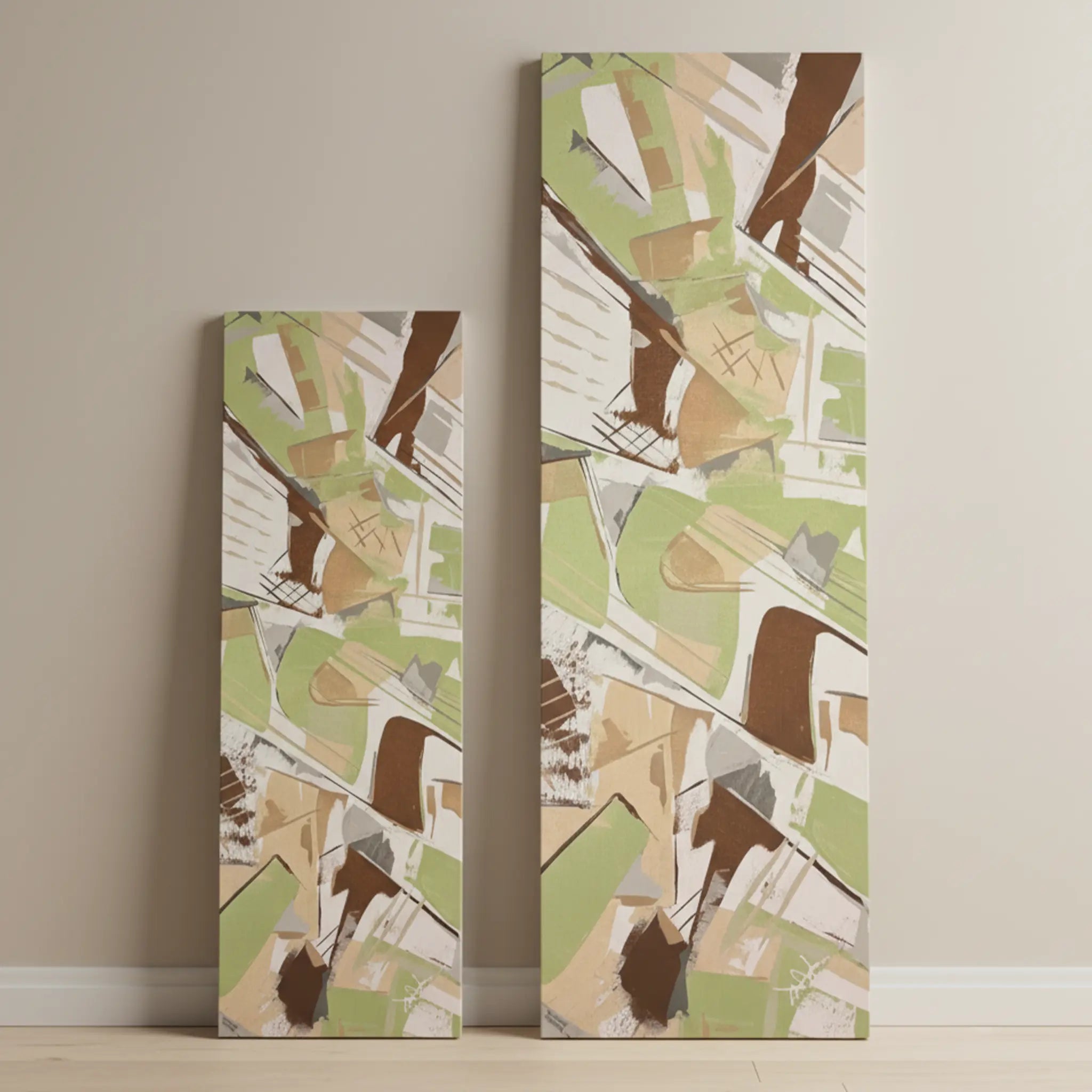 Freebrd "Slim Sage" unframed abstract canvas art size comparison — 12x36 vertical (3ft tall) and 20x60 vertical (5ft tall) leaning side by side against modern interior wall, white-wrapped edges, sage green, espresso, and jute tan palette knife scrapes.