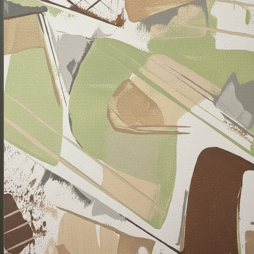 Close-up macro texture of Freebrd "Slim Sage" abstract canvas art, 12x36 vertical, 1.25" thick canvas, sage green, warm taupe, sandy beige, and muted brown palette knife scrape textures in black wood frame.