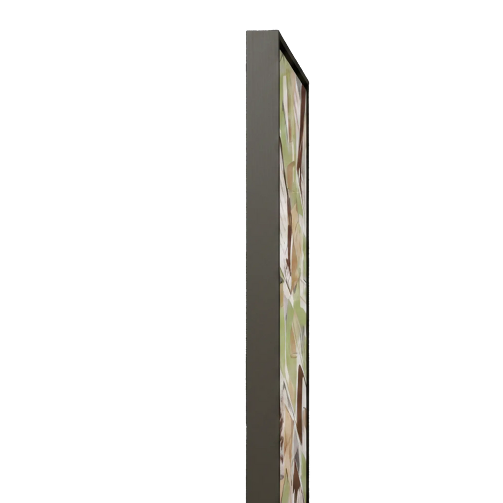 Side profile depth shot of Freebrd "Slim Sage" framed abstract canvas art, 12x36 vertical, showcasing 1.25" thick gallery-wrap canvas edge with black wood frame and sage green, warm taupe, and muted brown artwork wrap