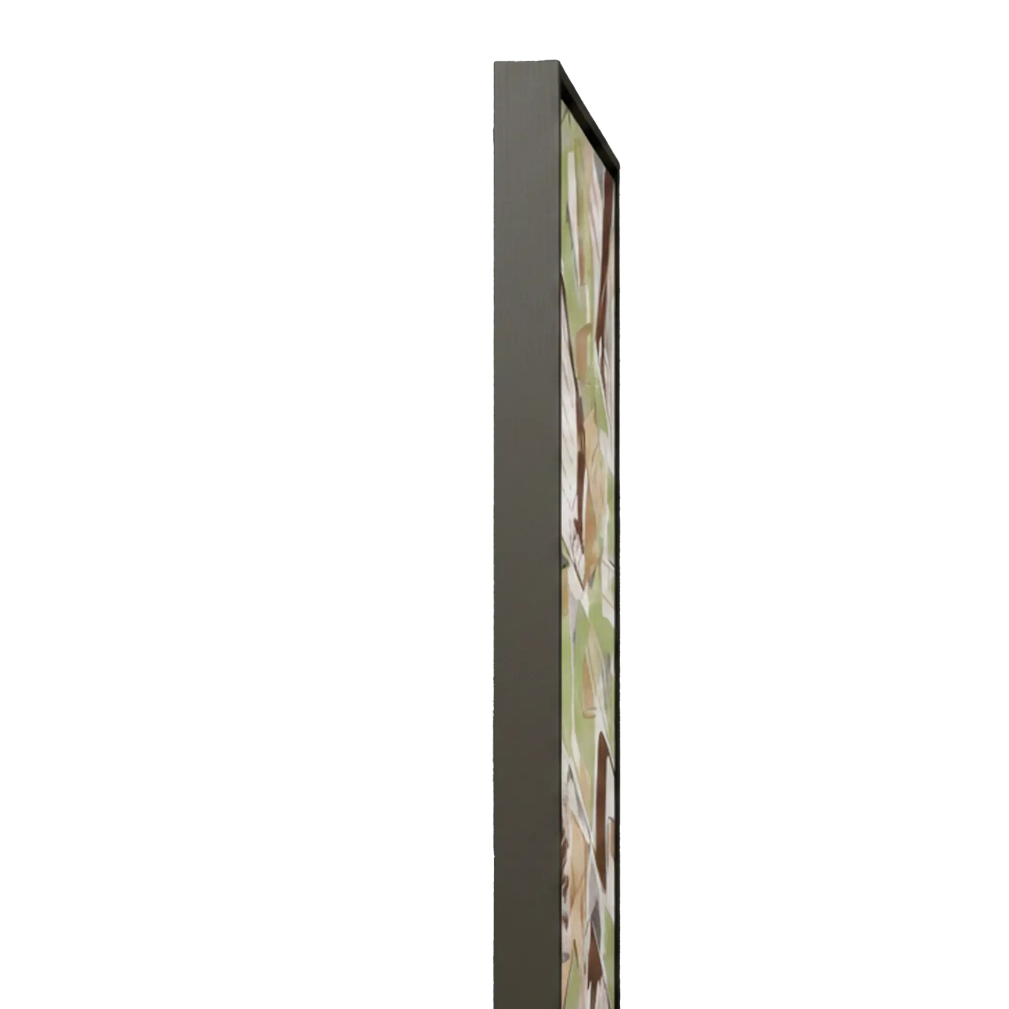 Side profile depth shot of Freebrd "Slim Sage" framed abstract canvas art, 12x36 vertical, showcasing 1.25" thick gallery-wrap canvas edge with black wood frame and sage green, warm taupe, and muted brown artwork wrap