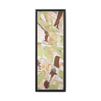Front view of the "Slim Sage" Tall Framed Canvas Art by FREEBRD on a vertical canvas with a 1.25" thickness, showcasing abstract brushstroke textures in sage green, warm taupe, and muted brown, framed in a certified black wood frame.