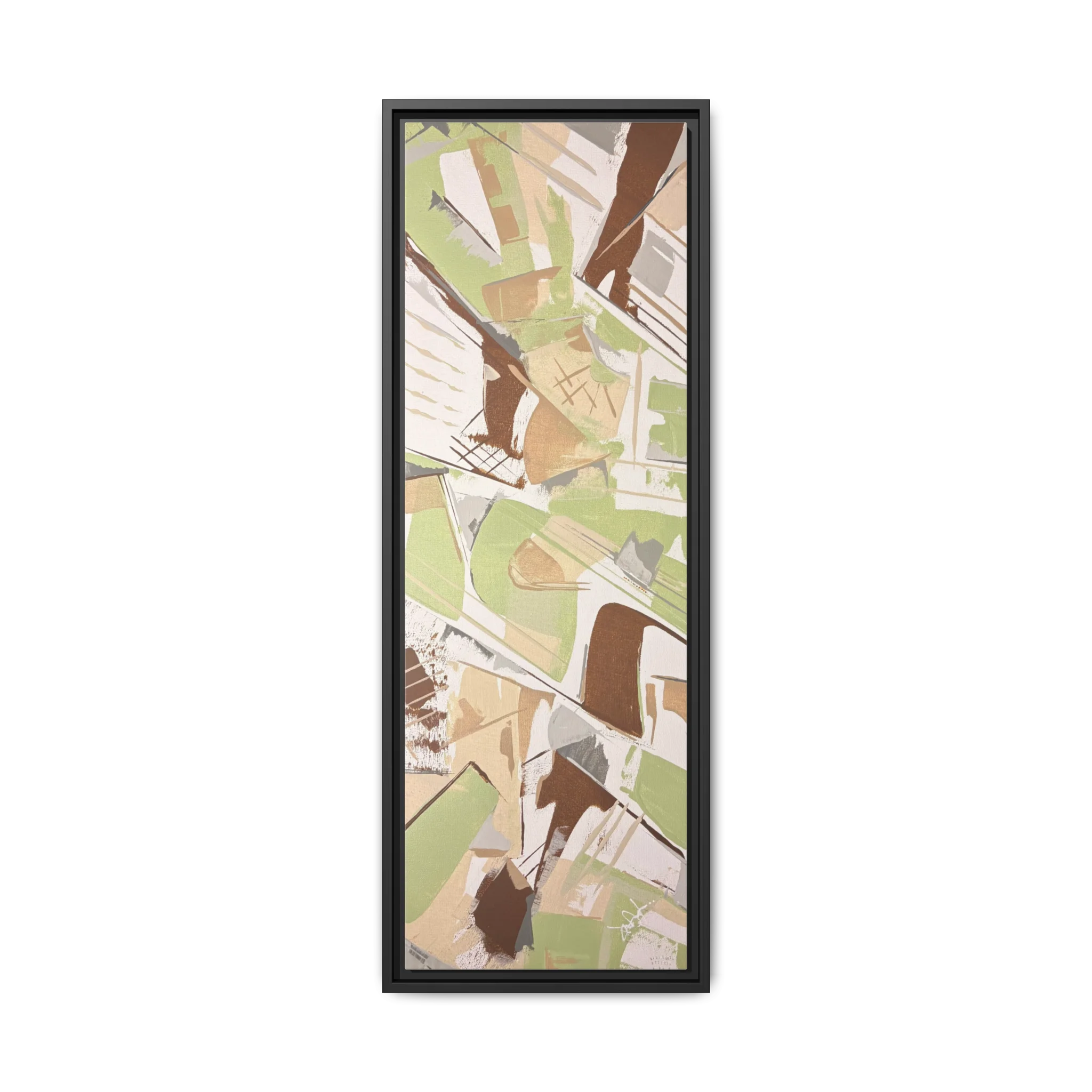 Front view of the "Slim Sage" Tall Framed Canvas Art by FREEBRD on a vertical canvas with a 1.25" thickness, showcasing abstract brushstroke textures in sage green, warm taupe, and muted brown, framed in a certified black wood frame.