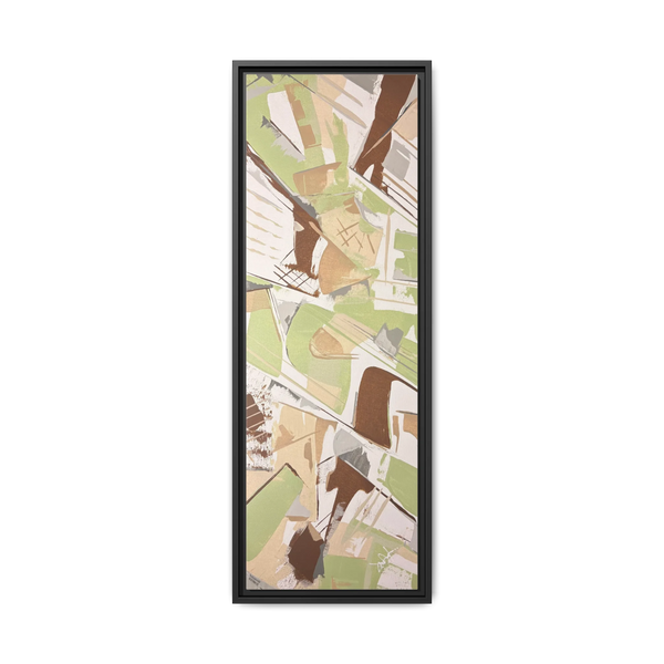 Front view of the "Slim Sage" Tall Framed Canvas Art by FREEBRD on a vertical canvas with a 1.25" thickness, showcasing abstract palette knife scrape textures in sage green, warm taupe, and muted brown, framed in a certified black wood frame.