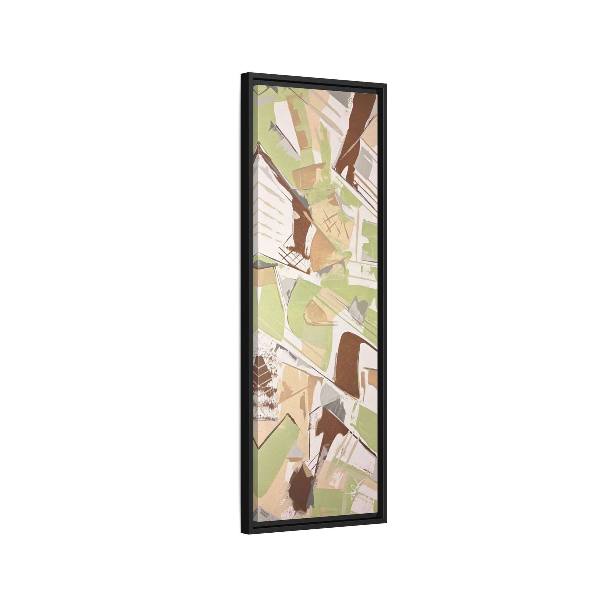 Side view of the "Slim Sage" Tall Framed Canvas Art by FREEBRD on a vertical canvas with a 1.25" thickness, showcasing abstract brushstroke textures in sage green, warm taupe, and muted brown, framed in a certified black wood frame.