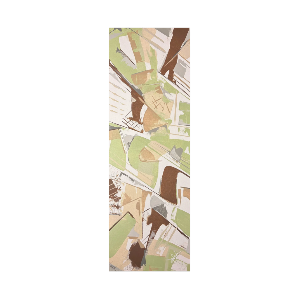Slim Sage abstract vertical canvas art, sage green espresso and tan geometric palette knife scrapes, unframed stretched canvas, front view.