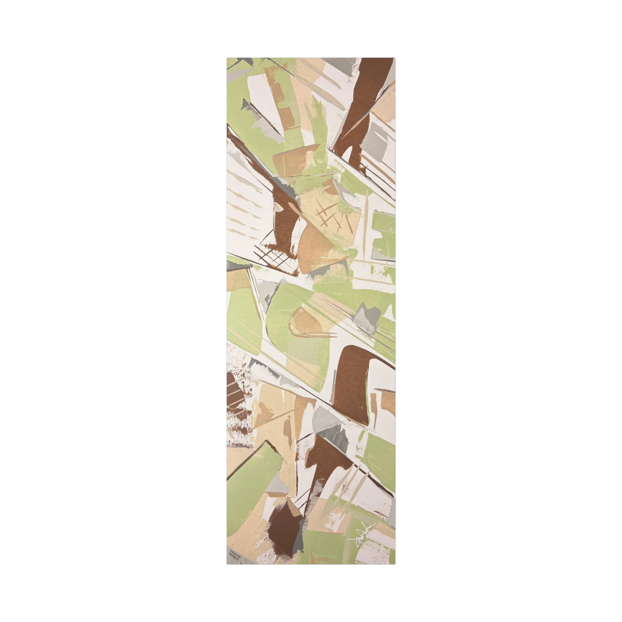 Slim Sage abstract vertical canvas art, sage green espresso and tan geometric palette knife scrapes, unframed stretched canvas, front view.