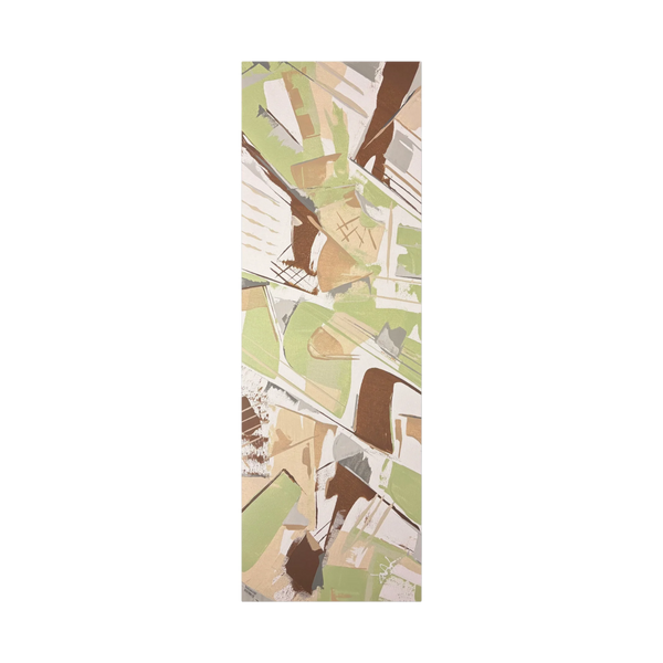 Slim Sage abstract vertical canvas art, sage green espresso and tan geometric palette knife scrapes, unframed stretched canvas, front view.
