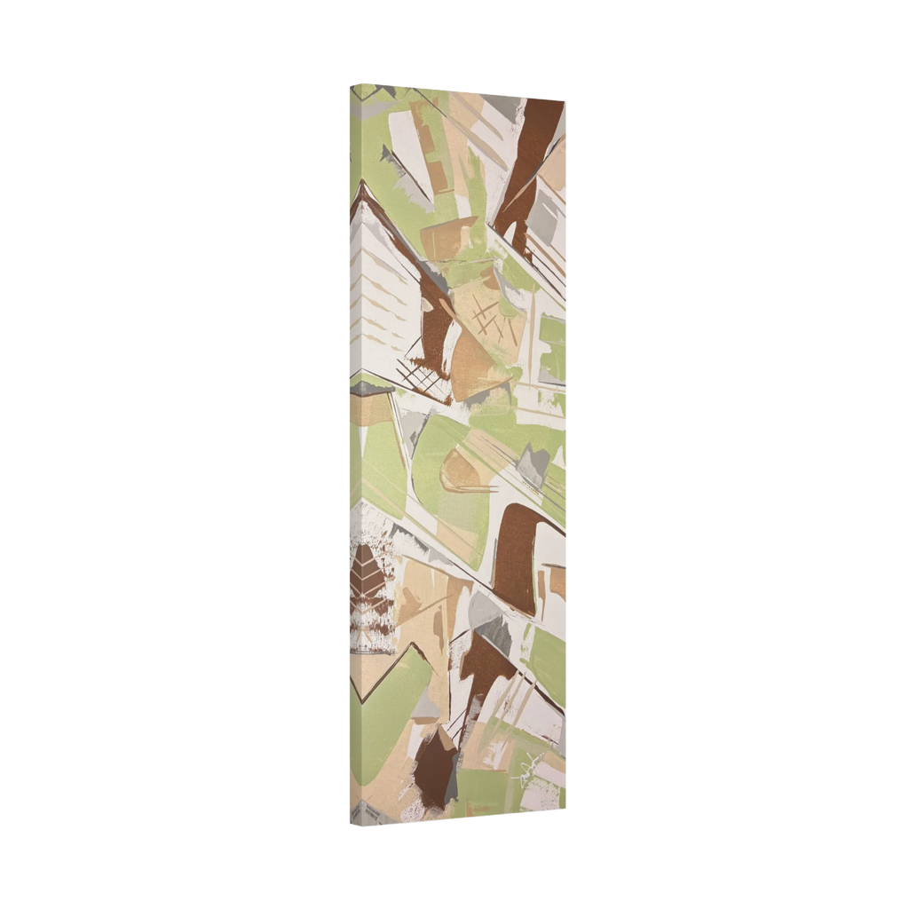 Slim Sage abstract vertical canvas art, sage green espresso and tan geometric palette knife scrapes, unframed stretched canvas, side view.