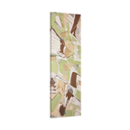 Slim Sage abstract vertical canvas art, sage green espresso and tan geometric palette knife scrapes, unframed stretched canvas, side view.