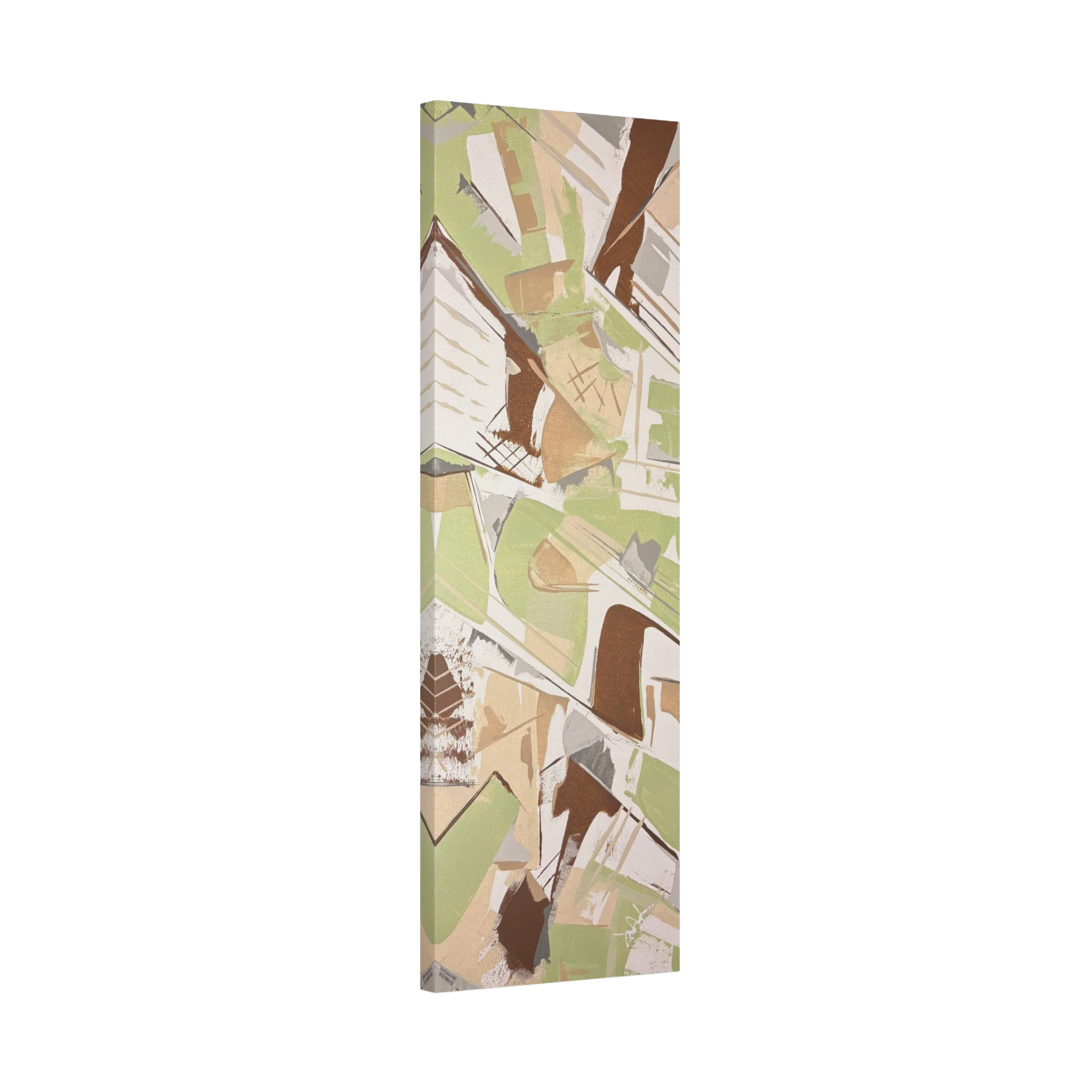 Slim Sage abstract vertical canvas art, sage green espresso and tan geometric palette knife scrapes, unframed stretched canvas, side view.